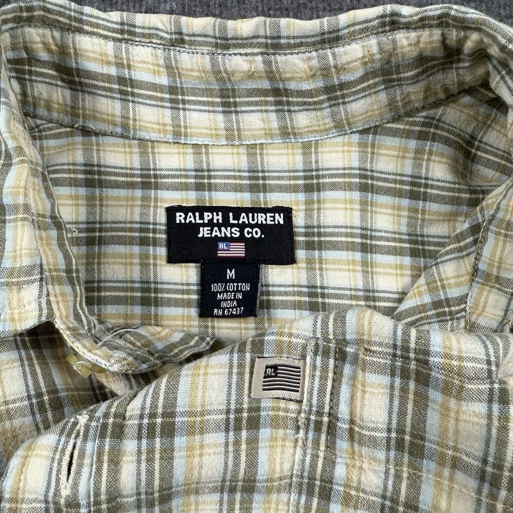 Vtg Ralph Lauren Jeans Co Mens Green White Gingham‎ Plaid Shirt Medium Flag Logo